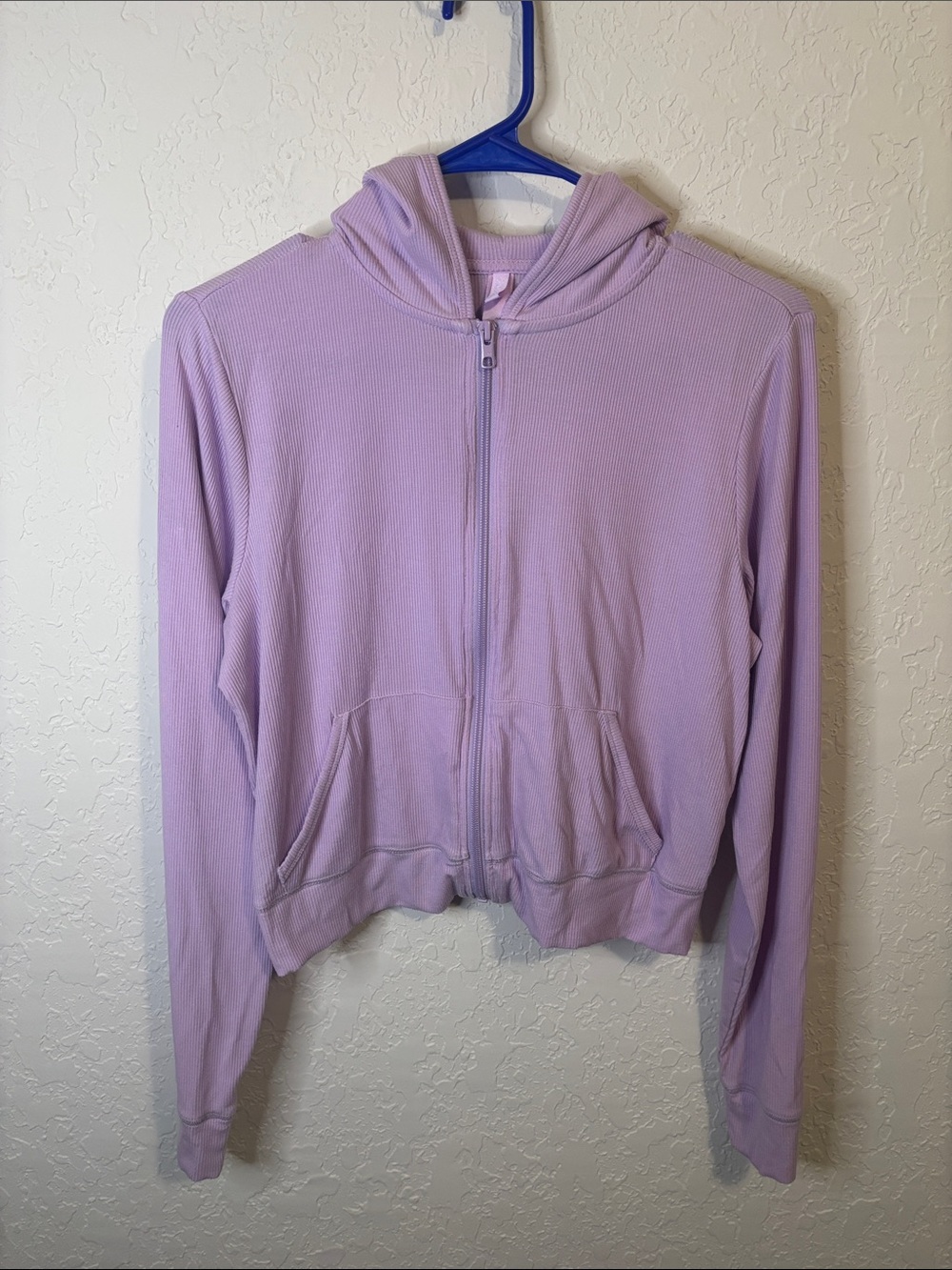 Skims cropped ribbed lilac colored full zip hoodie